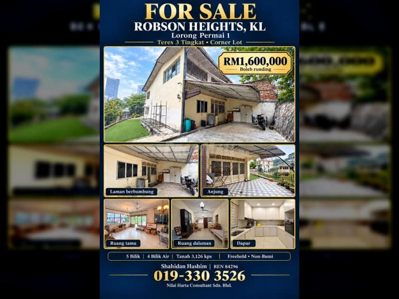 Rumah Teres 3 Tingkat Corner Lot Robson Height Untuk Dijual - Image 1